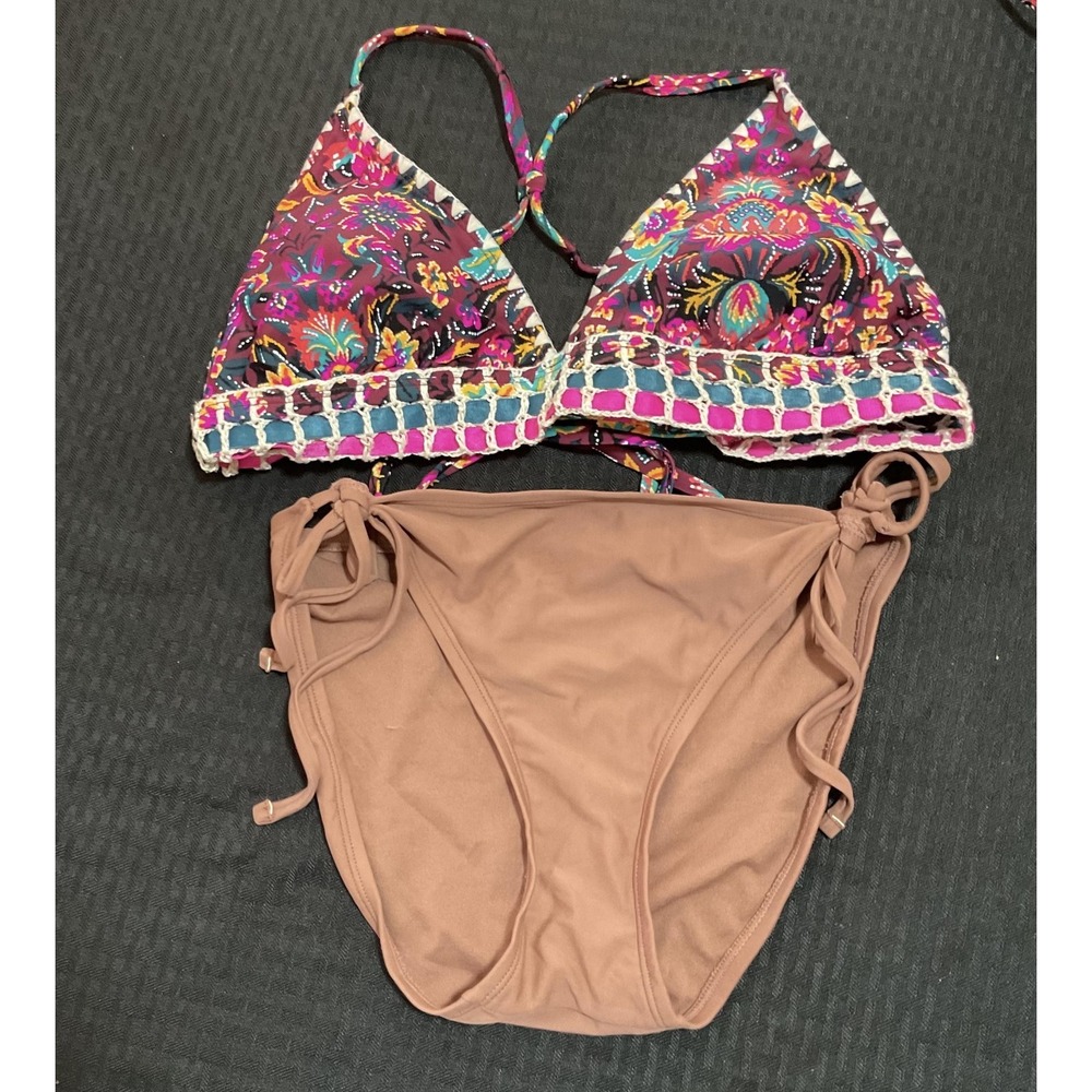 Xhilaration Bikini Womens‎ L Multicolor Floral Crochet Halter Side Tie 2 Piece
